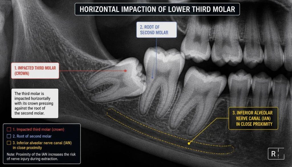  impacted crown, root of second molar, nerve canal proximity