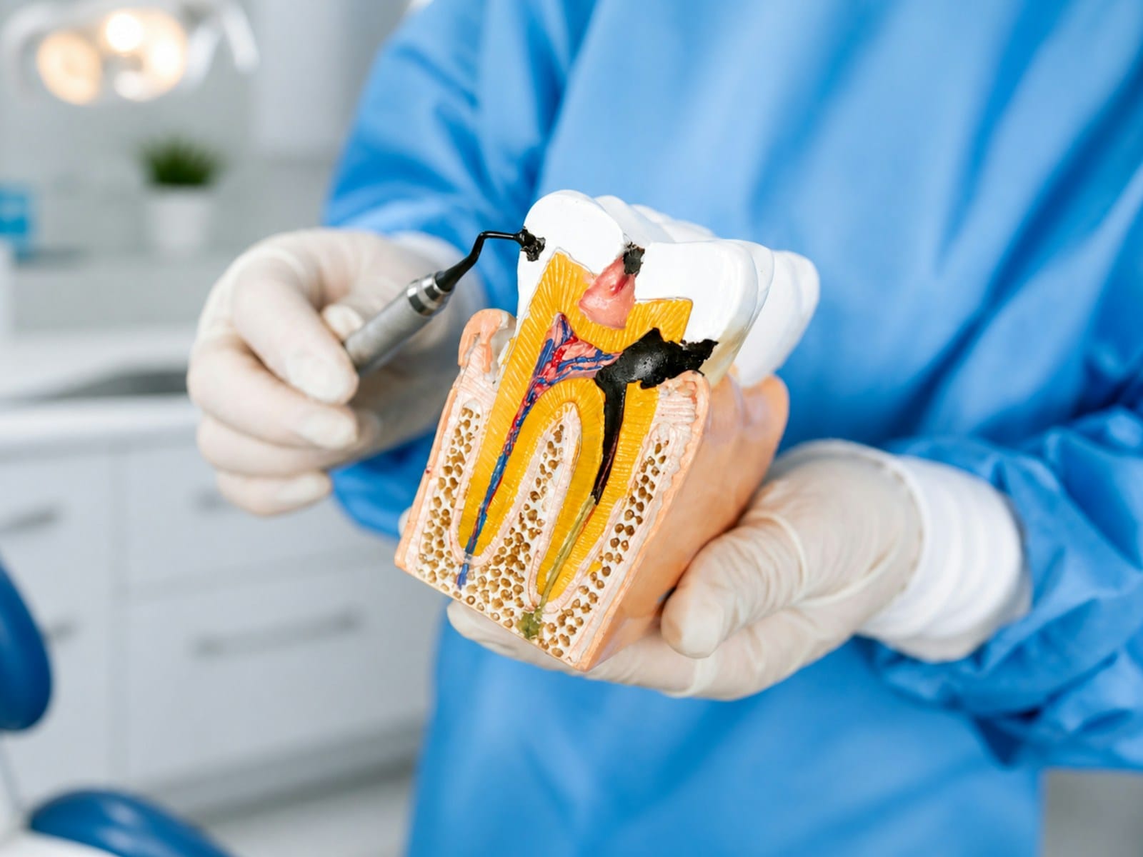 Dentist holding a detailed tooth model for dental education